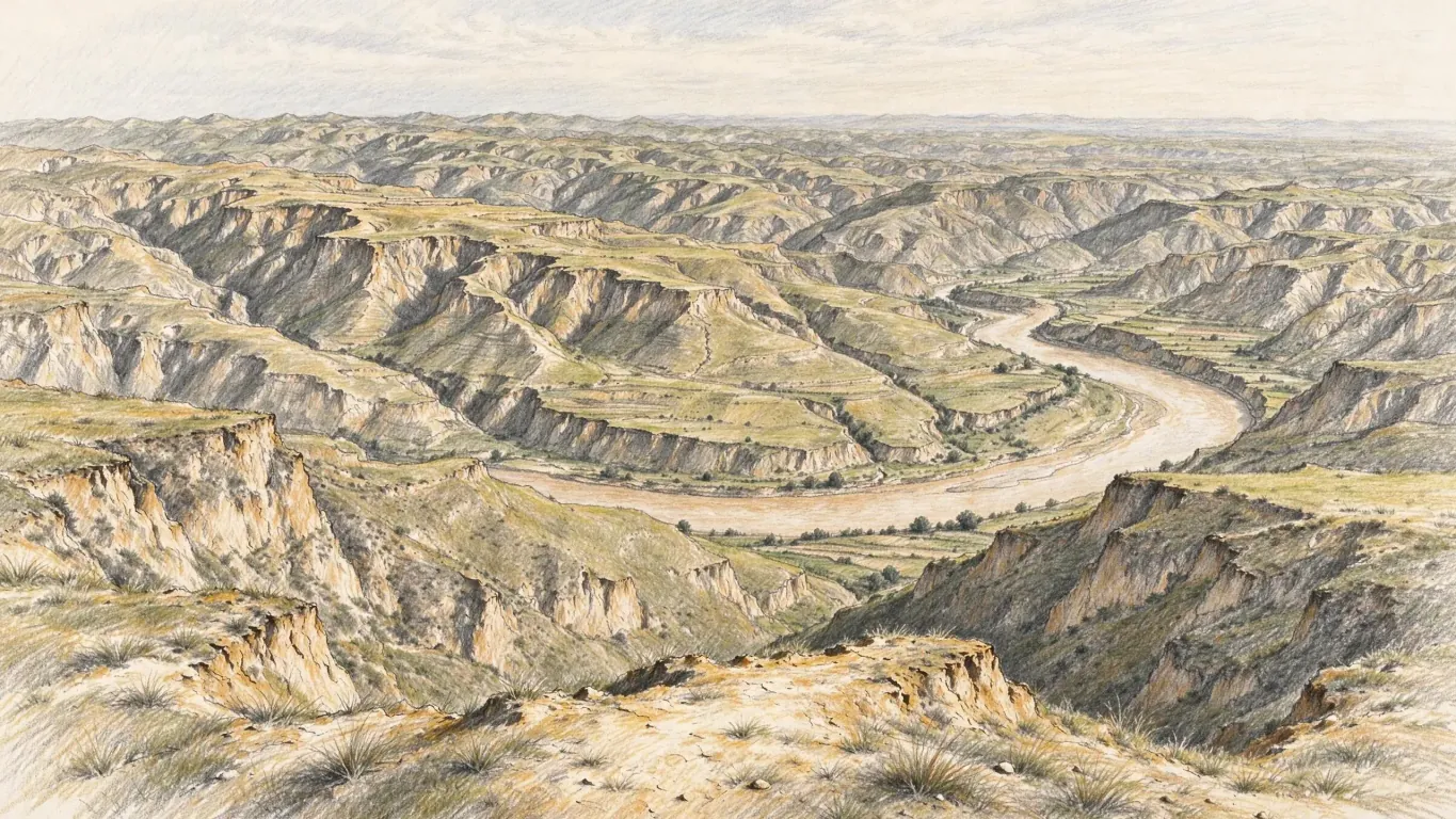 A coloured pencil landscape of eroded loess hills cut by deep gullies, a broad brown river winding through the valley below.