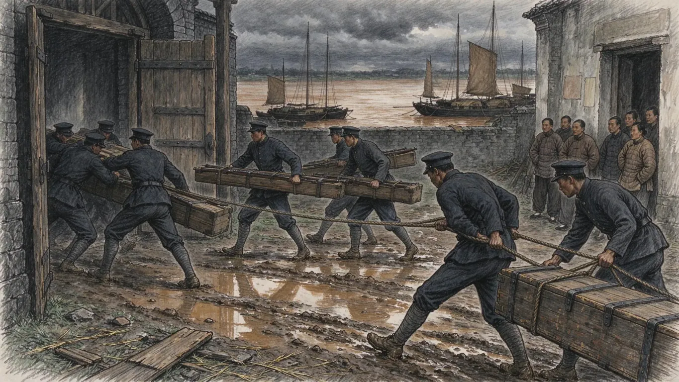 A pencil drawing of men in dark uniforms hauling long wooden crates through a muddy gateway by a river with sailing junks, while others watch from the wall.