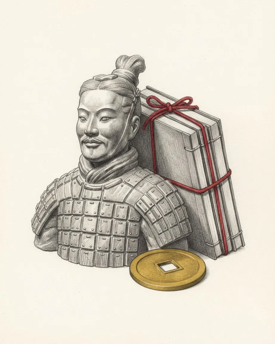 A graphite still life: the bust of a terracotta warrior in plated armour, a bundle of bound books tied with red cord behind it and a gold coin with a square hole in front.
