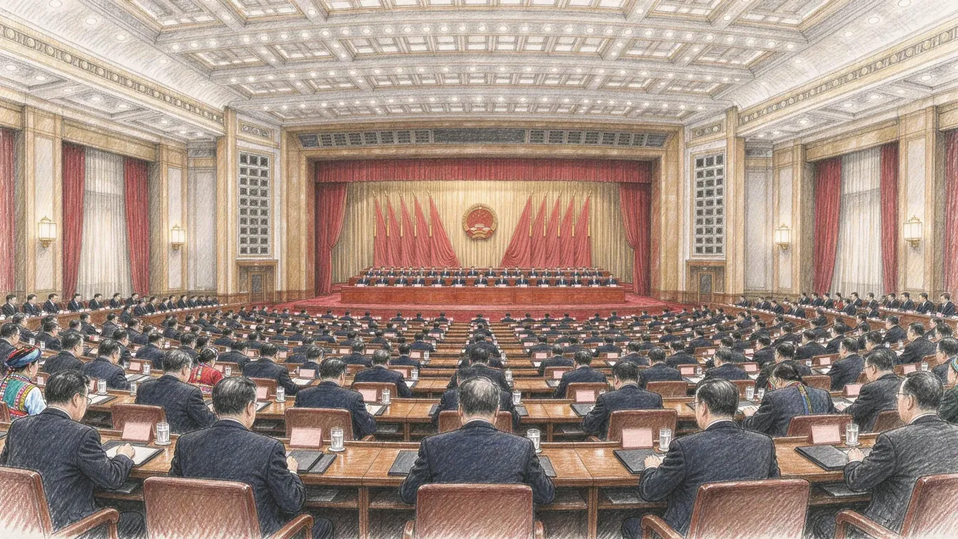 A coloured pencil drawing of a vast assembly hall, delegates in dark suits at long desks facing a stage hung with red flags and the national emblem.