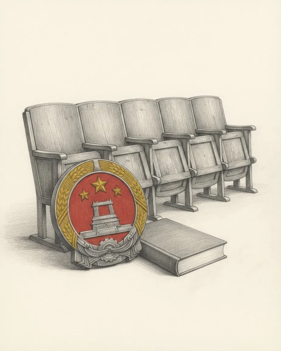 A graphite drawing of a row of empty assembly seats, the red and gold national emblem standing in front of them beside a closed book.