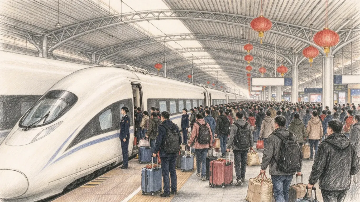 A white high-speed train at a station platform crowded with travellers carrying suitcases and bags, red lanterns hanging from the roof.