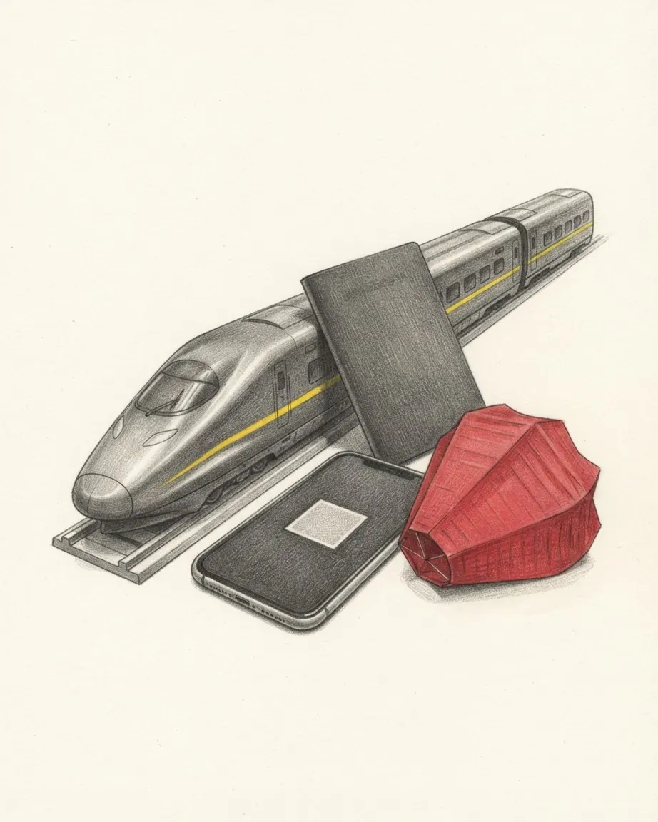 A high-speed train in graphite on a short length of track, with a passport, a phone and a red paper lantern set down in front of it.