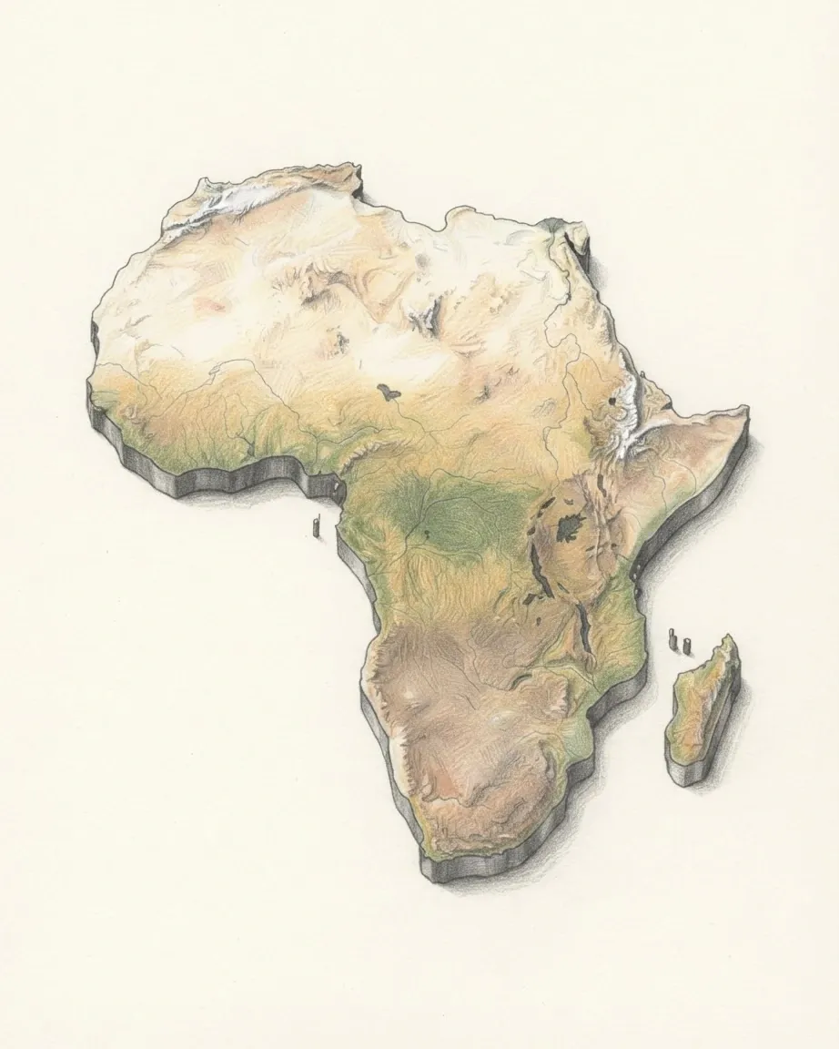 Africa drawn in graphite and coloured pencil as a cast relief model: the Sahara pale sand across the north, the Congo Basin a green bowl at the centre, the Ethiopian Highlands and the Rift Valley raised in the east, the south a brown plateau, and Madagascar a separate piece off the south-east coast.