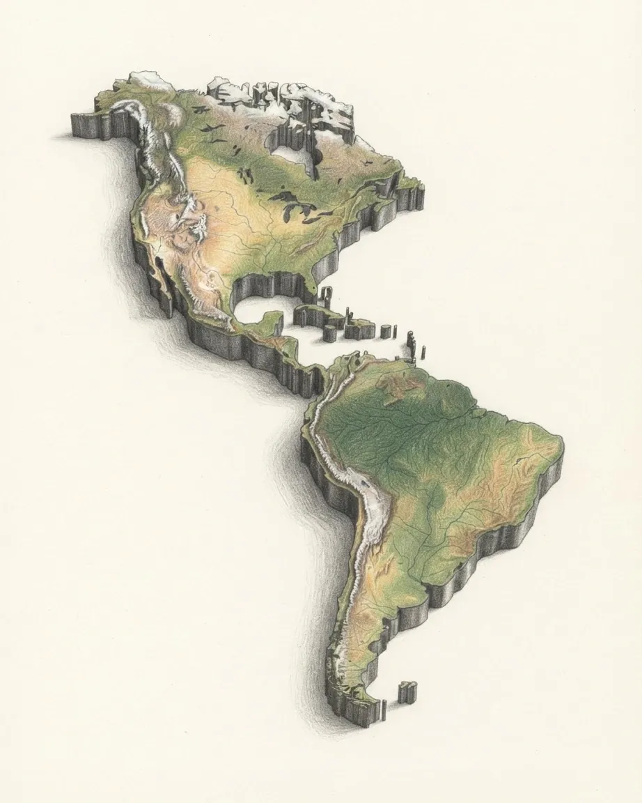 North and South America drawn in graphite and coloured pencil as one cast relief model, joined by the Central American isthmus with the Caribbean islands beside it: the Rockies and the Andes a raised white spine down the western edge, the Great Plains gold, the Amazon Basin deep green.