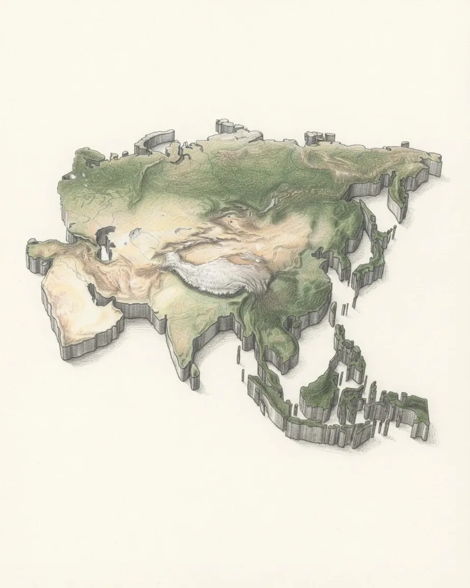 Asia drawn in graphite and coloured pencil as a cast relief model: Arabia pale sand in the west, the triangle of India, the Himalaya and the Tibetan Plateau a white and brown mass at the centre, Siberia green across the north, and Japan and the islands of Indonesia and the Philippines as separate pieces to the east.