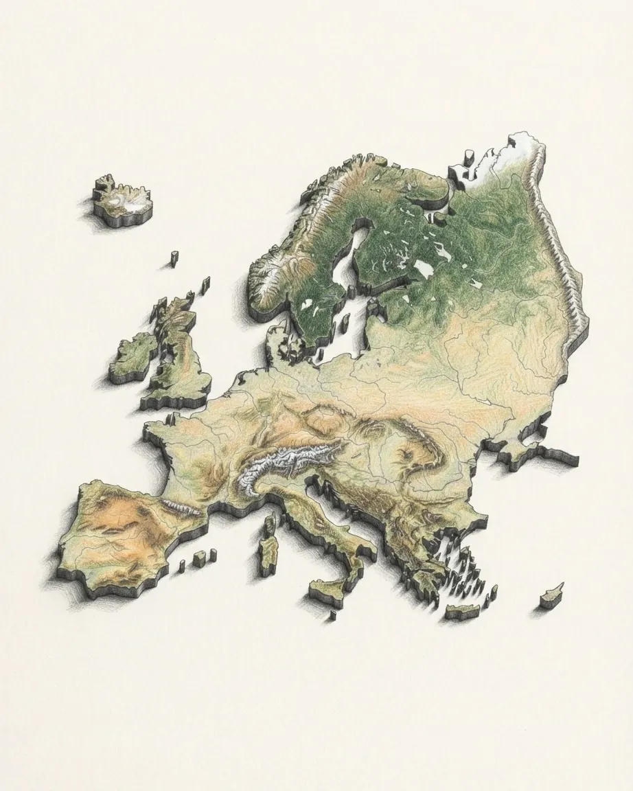 Europe drawn in graphite and coloured pencil as a cast relief model as far east as the Urals: Iberia ochre in the south-west, the Alps a white ridge across the centre, Italy and the Balkans below them, Scandinavia green around the Baltic, and Great Britain, Ireland and Iceland as separate pieces to the west.