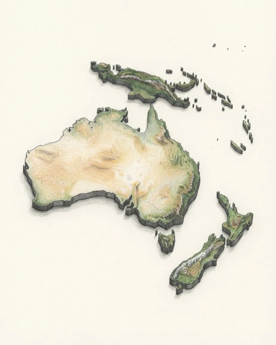 Oceania drawn in graphite and coloured pencil as cast relief models: Australia with a pale ochre interior and a green eastern edge, Tasmania below it, New Guinea green with a raised central spine to the north, the two islands of New Zealand to the south-east, and small Pacific islands scattered to the upper right.