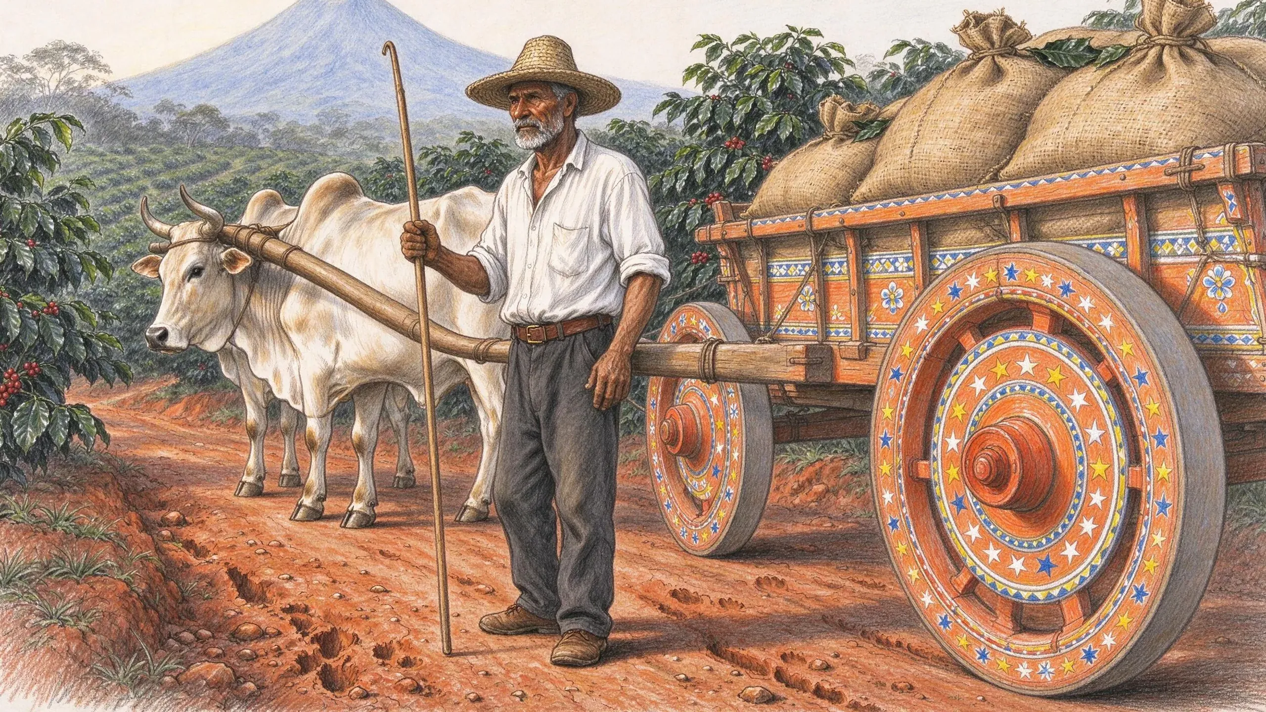 Coloured pencil drawing of an old man in a straw hat and white shirt holding a long goad beside a white ox yoked to an orange cart painted with stars and flowers, loaded with sacks of coffee, on a red dirt road between coffee bushes below a blue volcano.