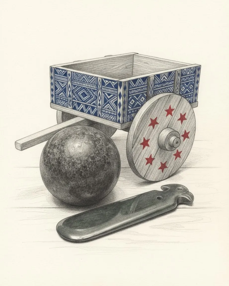 Pencil drawing of a small wooden ox cart with its sides painted in blue geometric patterns and its wheel painted with red stars, a dark round stone sphere and a polished green stone pendant shaped like a bird's head.