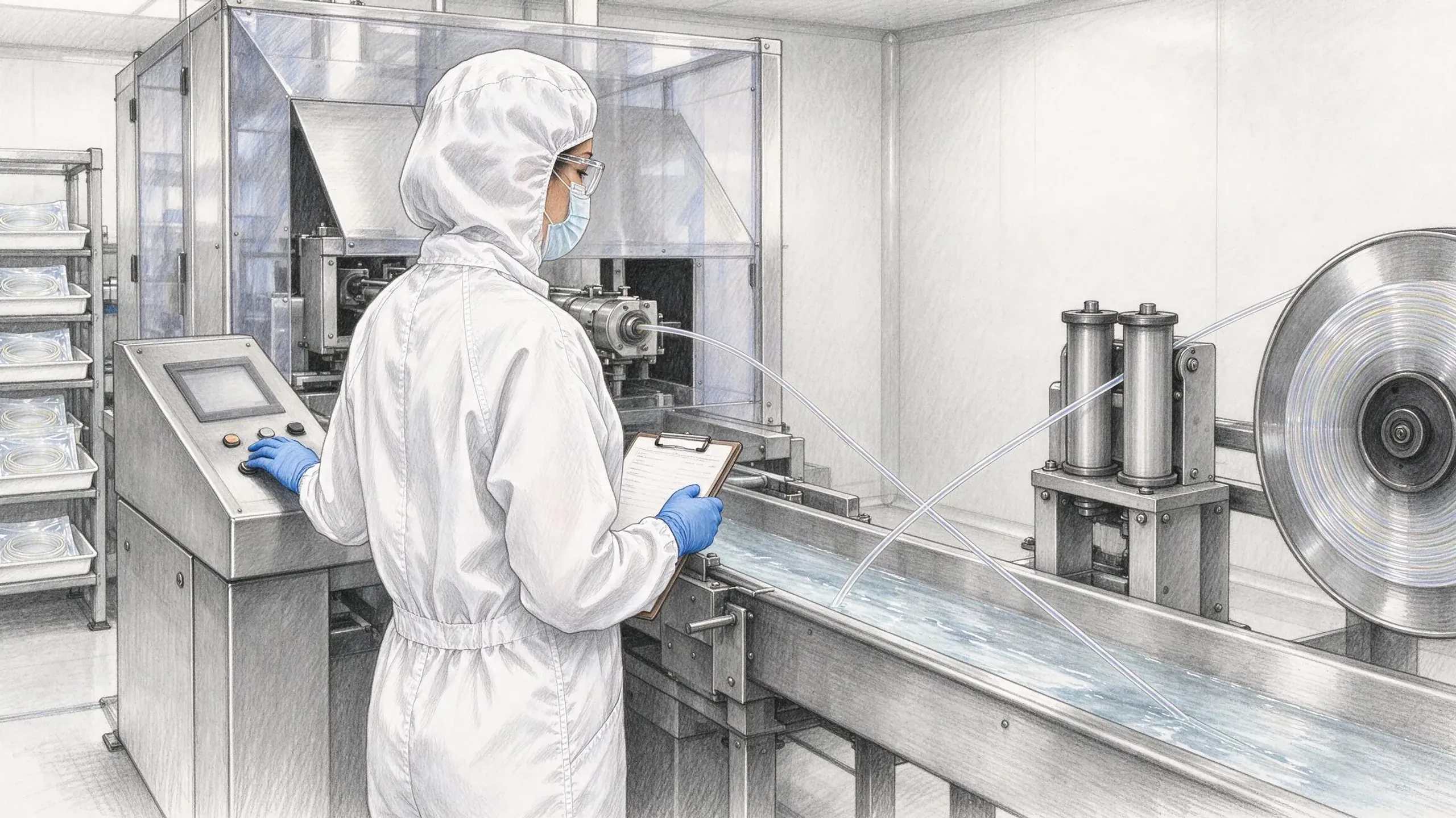 Coloured pencil drawing of a woman in a white cleanroom suit, hood, mask and blue gloves holding a clipboard at the controls of an extrusion line drawing clear plastic tubing through a water bath onto a large reel.
