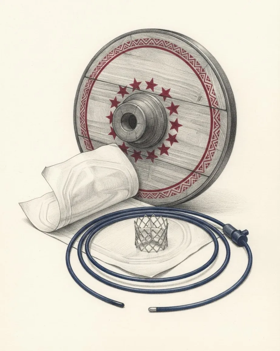 Pencil drawing of a wooden cart wheel painted with a ring of red stars and a red zigzag border, a sterile sheet folded back on itself, a coiled blue catheter and a small mesh stent standing on the sheet.