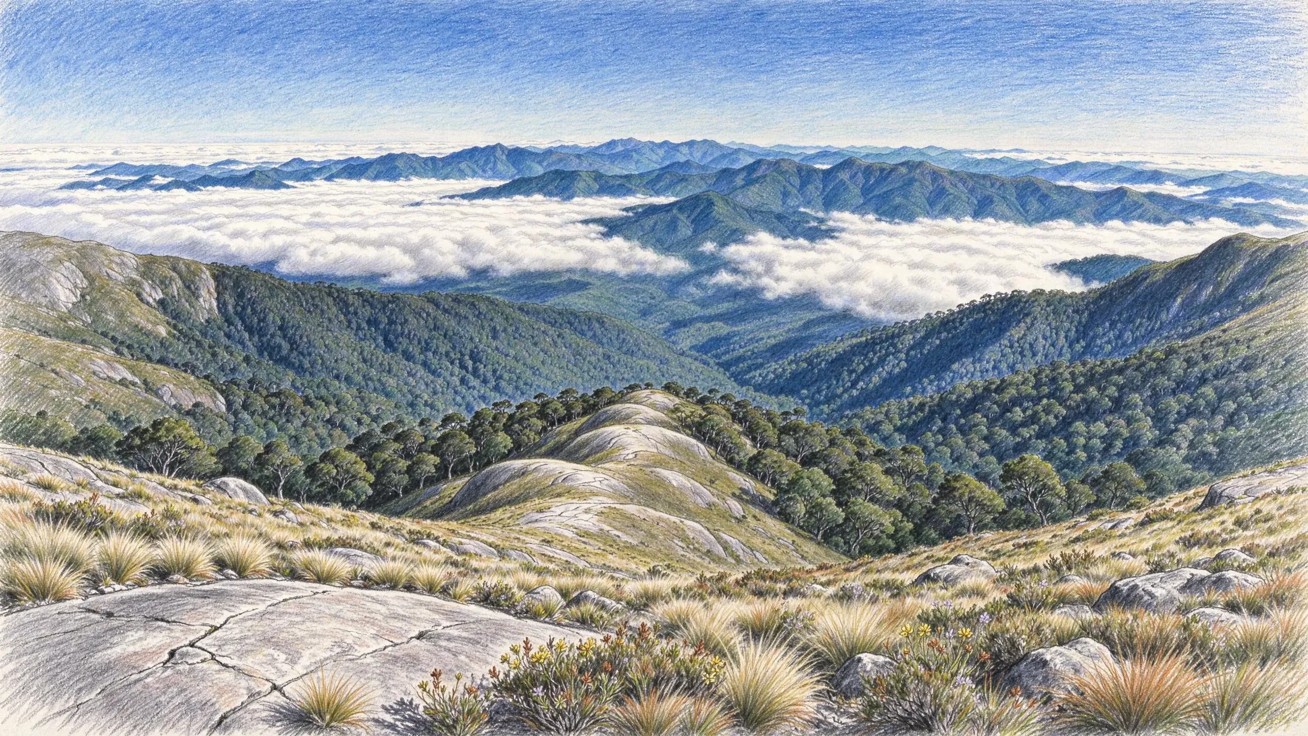 Coloured pencil drawing from a bare rocky summit of grass tussocks and small yellow flowers, looking over forested ridges to a sea of cloud with blue mountain ranges rising through it.