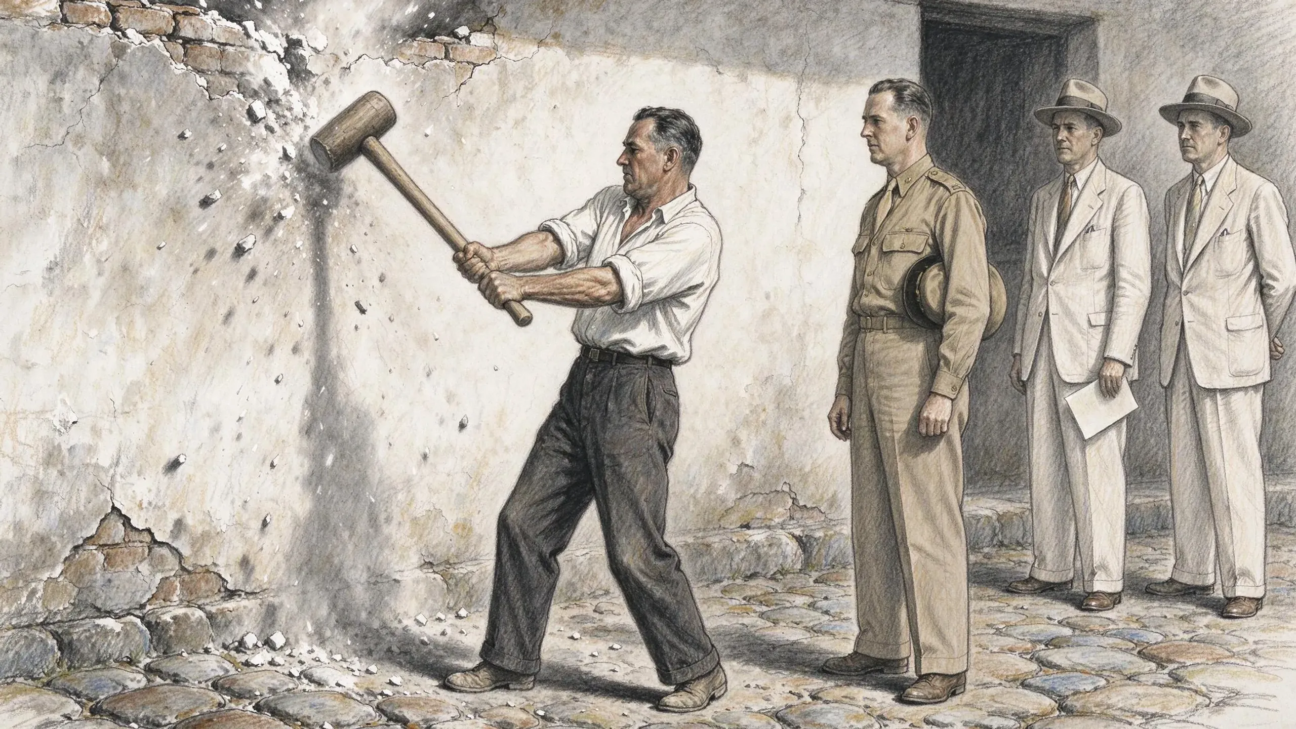 Coloured pencil drawing of a man in a white shirt with rolled sleeves swinging a mallet into a plastered wall, chips flying, watched by an officer in a khaki uniform holding his hat and two men in pale suits and fedoras, one holding a paper.