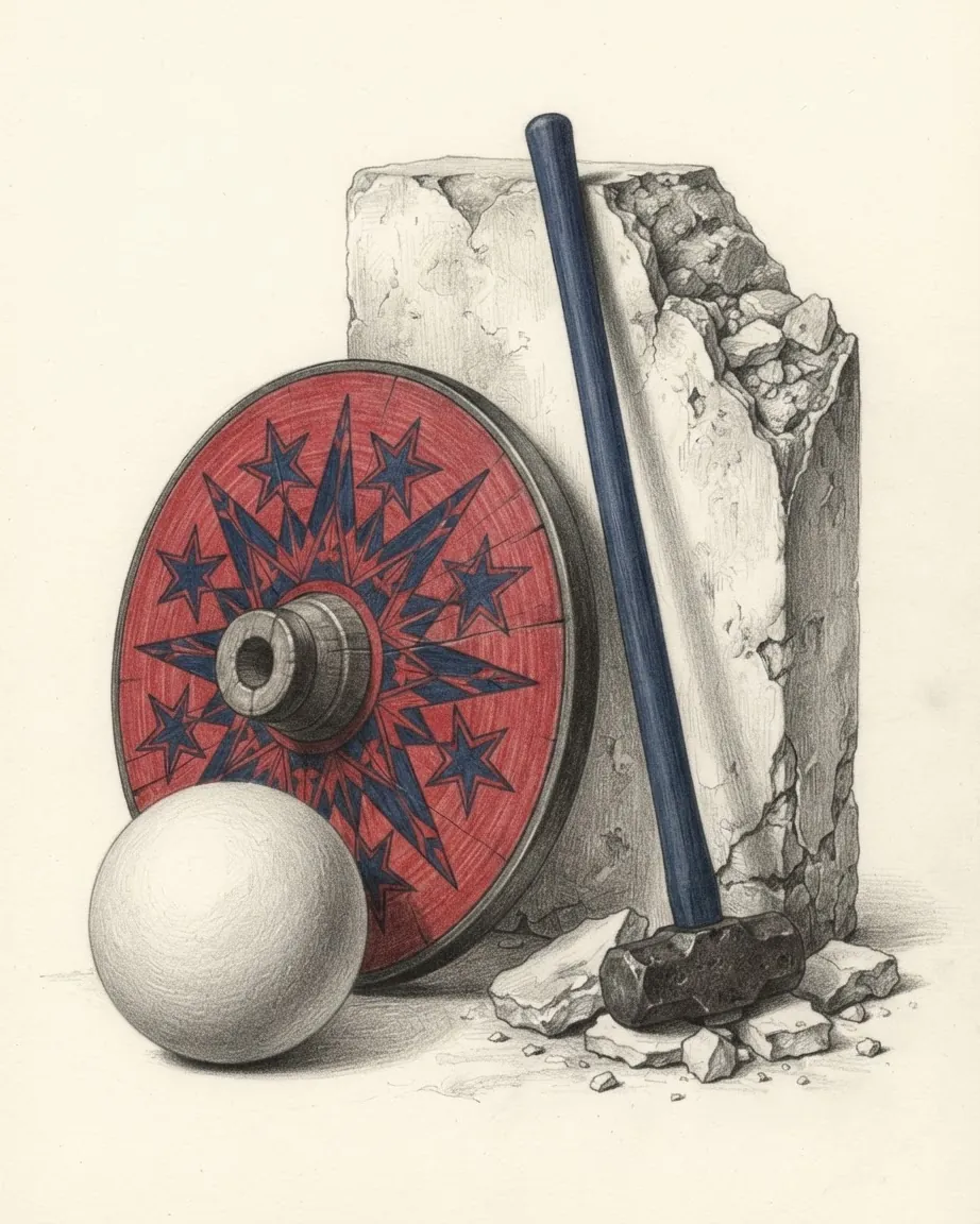 Pencil drawing of a red cart wheel painted with blue stars, a smooth white stone sphere at its foot, a sledgehammer with a blue handle leaning on a broken block of plaster and a scatter of rubble.