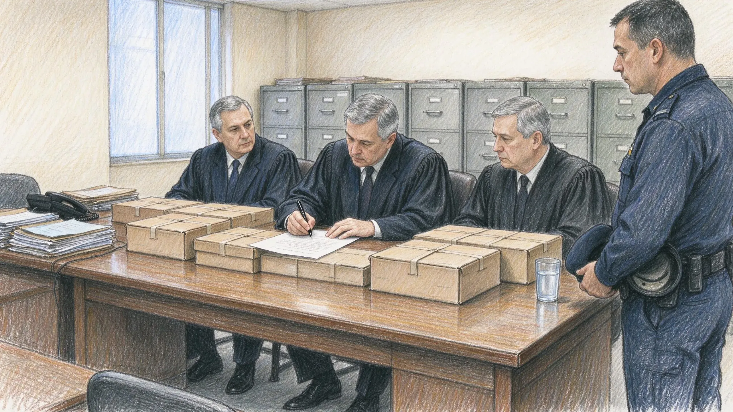Coloured pencil drawing of three grey-haired men in black robes at a long wooden table stacked with sealed cardboard boxes, the one in the middle signing a sheet, with a police officer holding his cap beside them and grey filing cabinets behind.