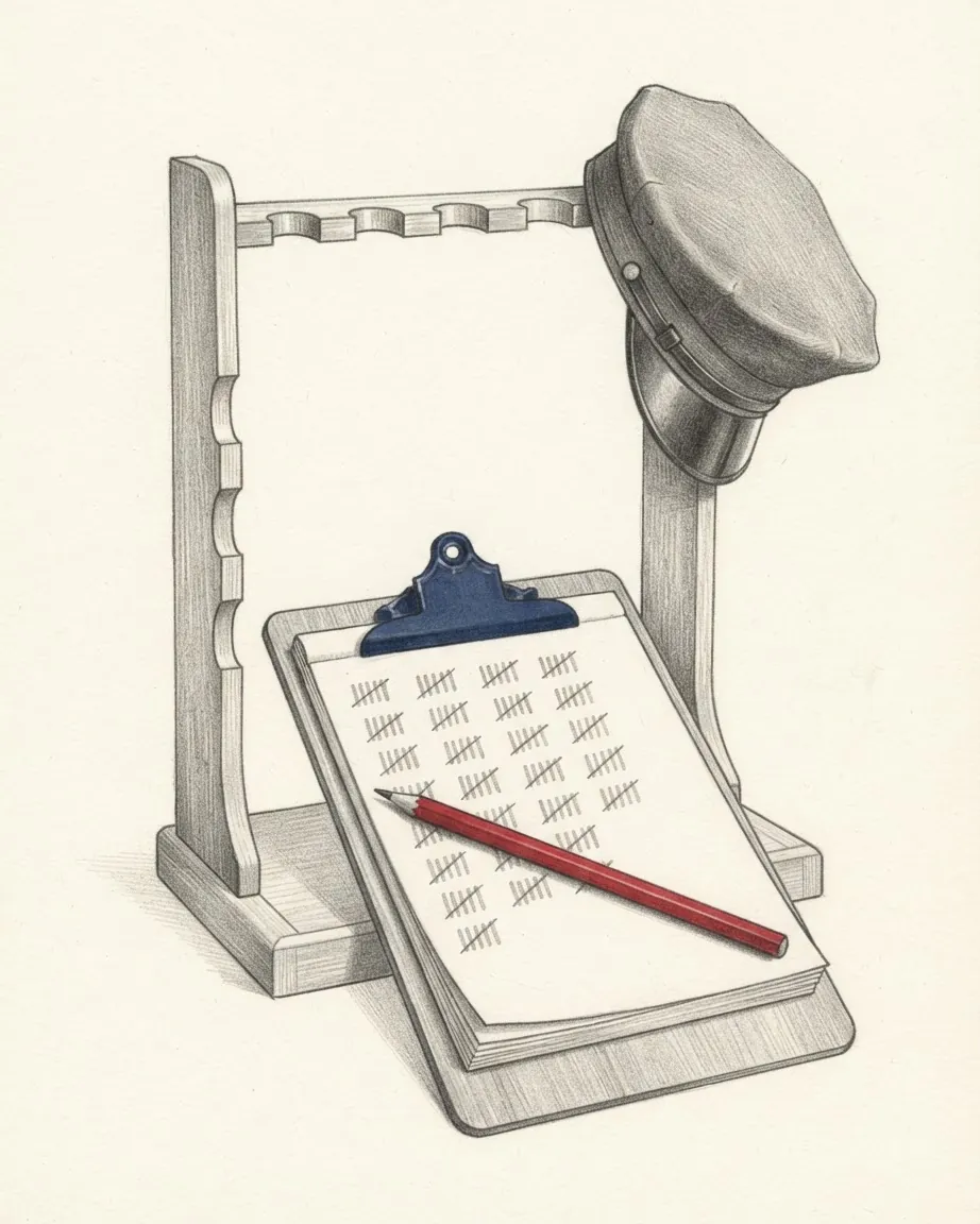 Pencil drawing of an empty wooden rifle rack with a peaked military cap hung on one post, and a clipboard with a blue clip leaning against it, its sheet covered in tally marks, with a red pencil laid across it.