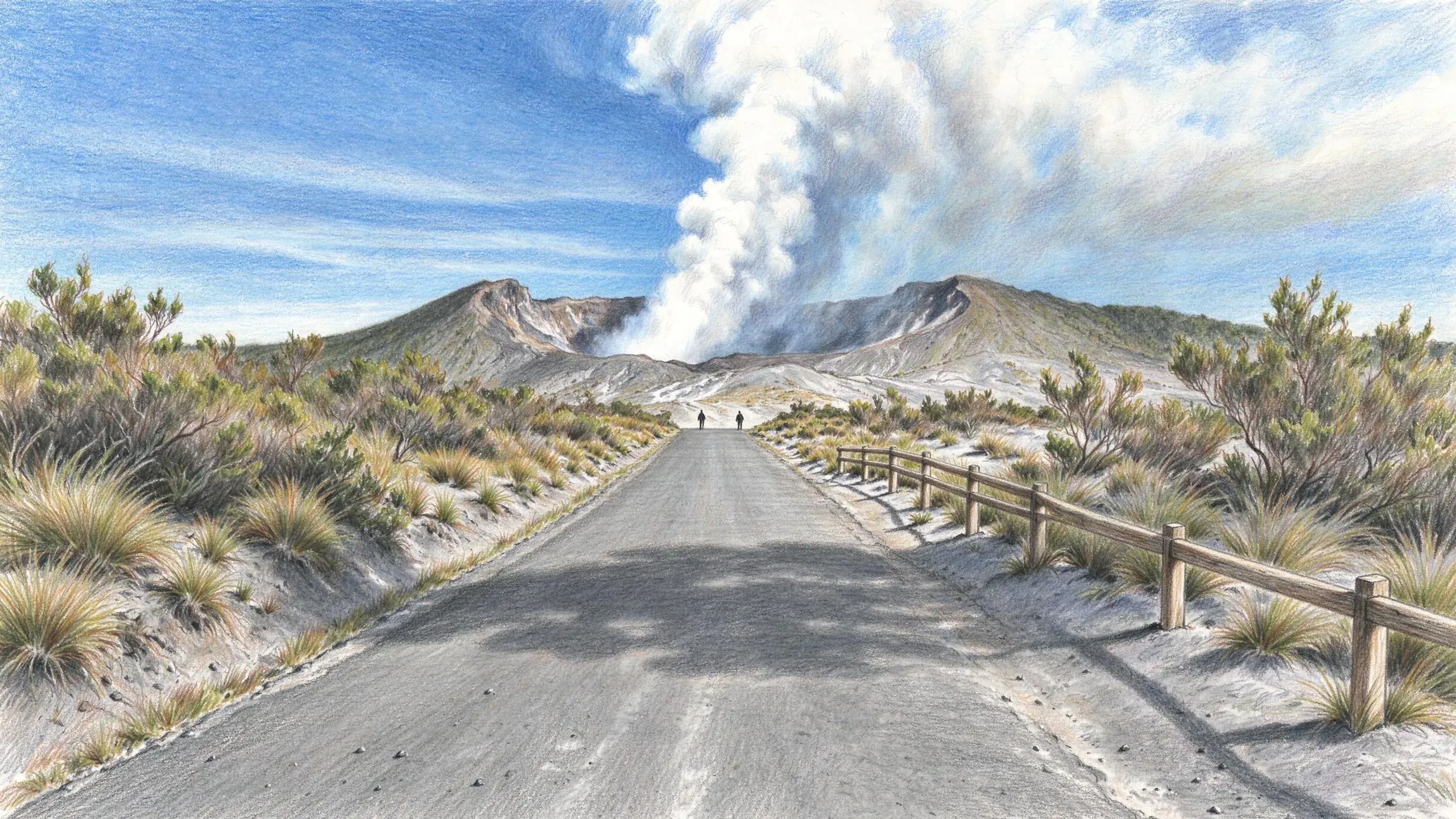 Coloured pencil drawing of a paved road through low scrub and grass tussocks on pale ash, with a wooden rail fence, leading to two small walkers at the rim of a volcanic crater sending a tall column of white steam into a blue sky.