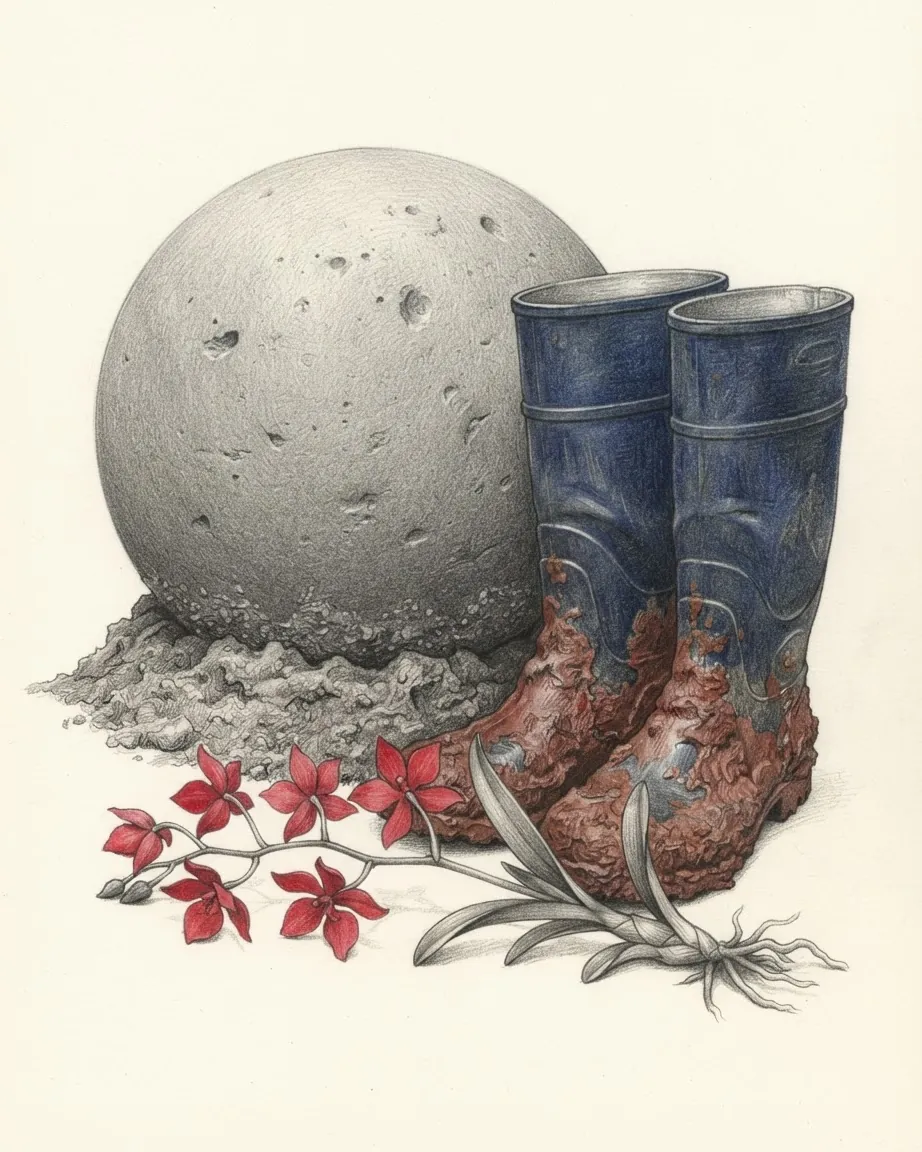 Pencil drawing of a large pitted stone sphere half sunk in earth, a pair of blue rubber boots caked in red mud and a spray of red orchids with its leaves and roots.