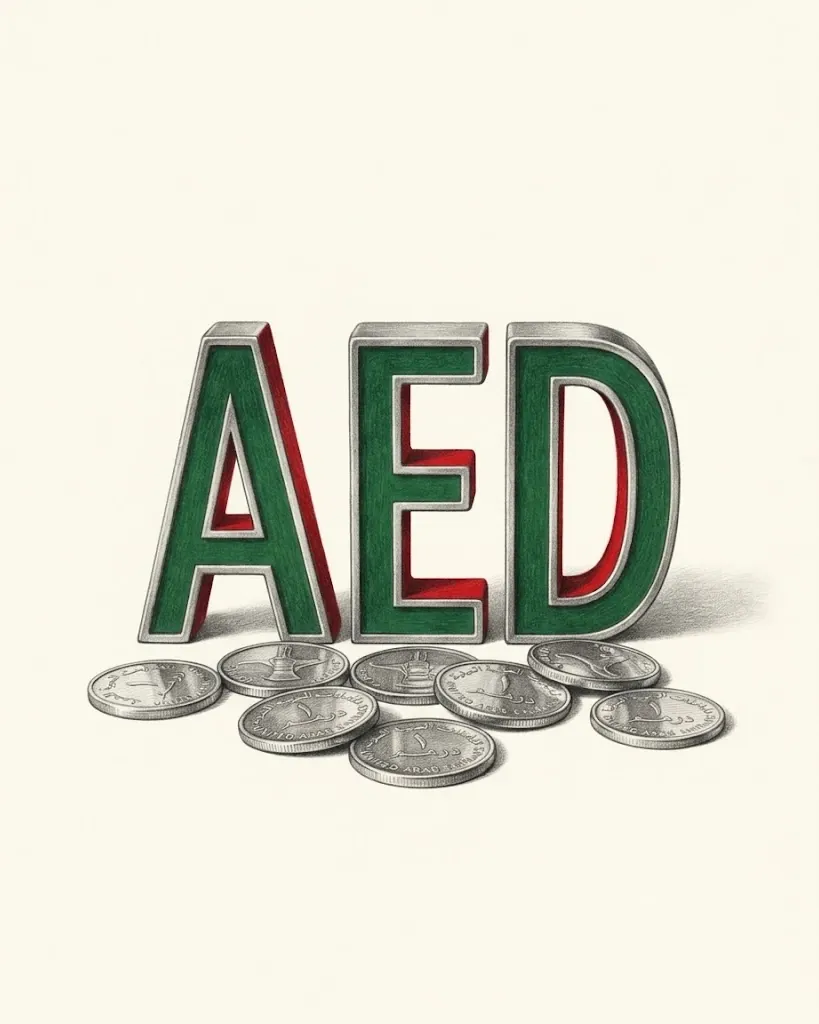 A pencil drawing of the letters AED as solid blocks, their faces green and their inner sides red, standing behind a row of United Arab Emirates dirham coins.