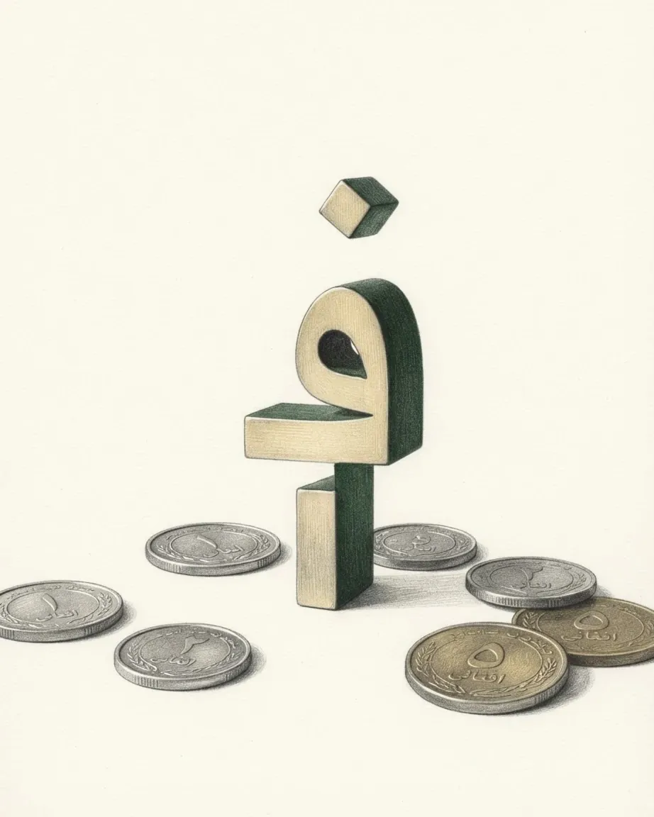 A pencil drawing of the afghani sign ؋ as a solid object, its face cream and its sides dark green, the dot above it a separate block, standing among coins of the Afghan afghani.