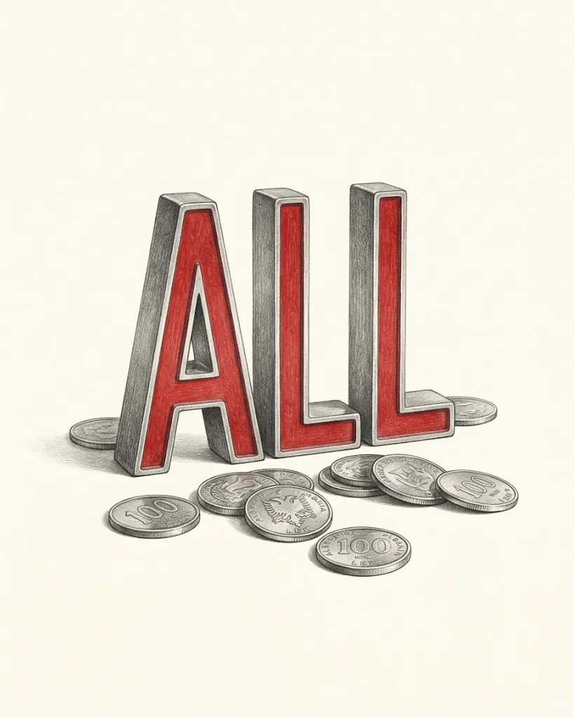 A pencil drawing of the letters ALL as solid blocks, their faces red and their sides graphite, standing among Albanian lek coins, several of them showing the value 100.