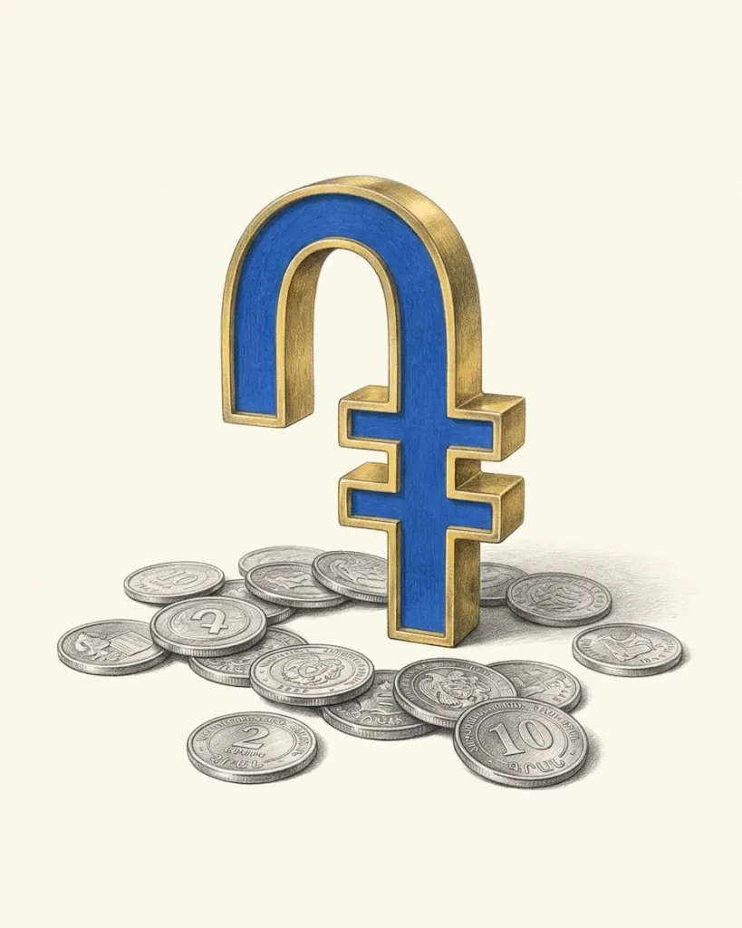 A pencil drawing of the Armenian dram sign, an arch whose longer right leg is crossed by two bars, as a solid object with a blue face and gold edges, standing among Armenian dram coins.