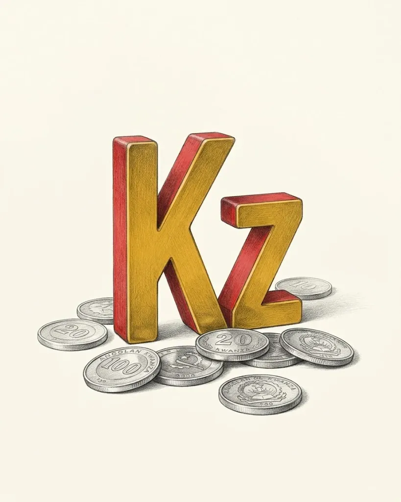 A pencil drawing of the kwanza sign Kz, a capital K beside a small z, as solid letters with gold faces and red sides, standing among Angolan kwanza coins.