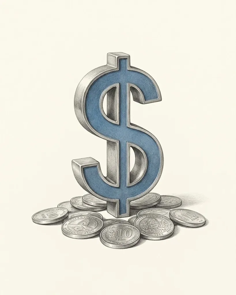 A pencil drawing of the peso sign $ as a solid object, its face light blue and its sides graphite, standing among Argentine peso coins, several showing the value 10.