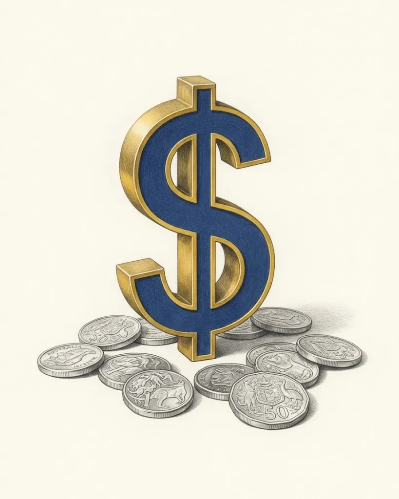 A pencil drawing of the dollar sign $ as a solid object, its face deep blue and its edges gold, standing among Australian dollar coins, among them kangaroo designs and a twelve-sided fifty-cent coin.