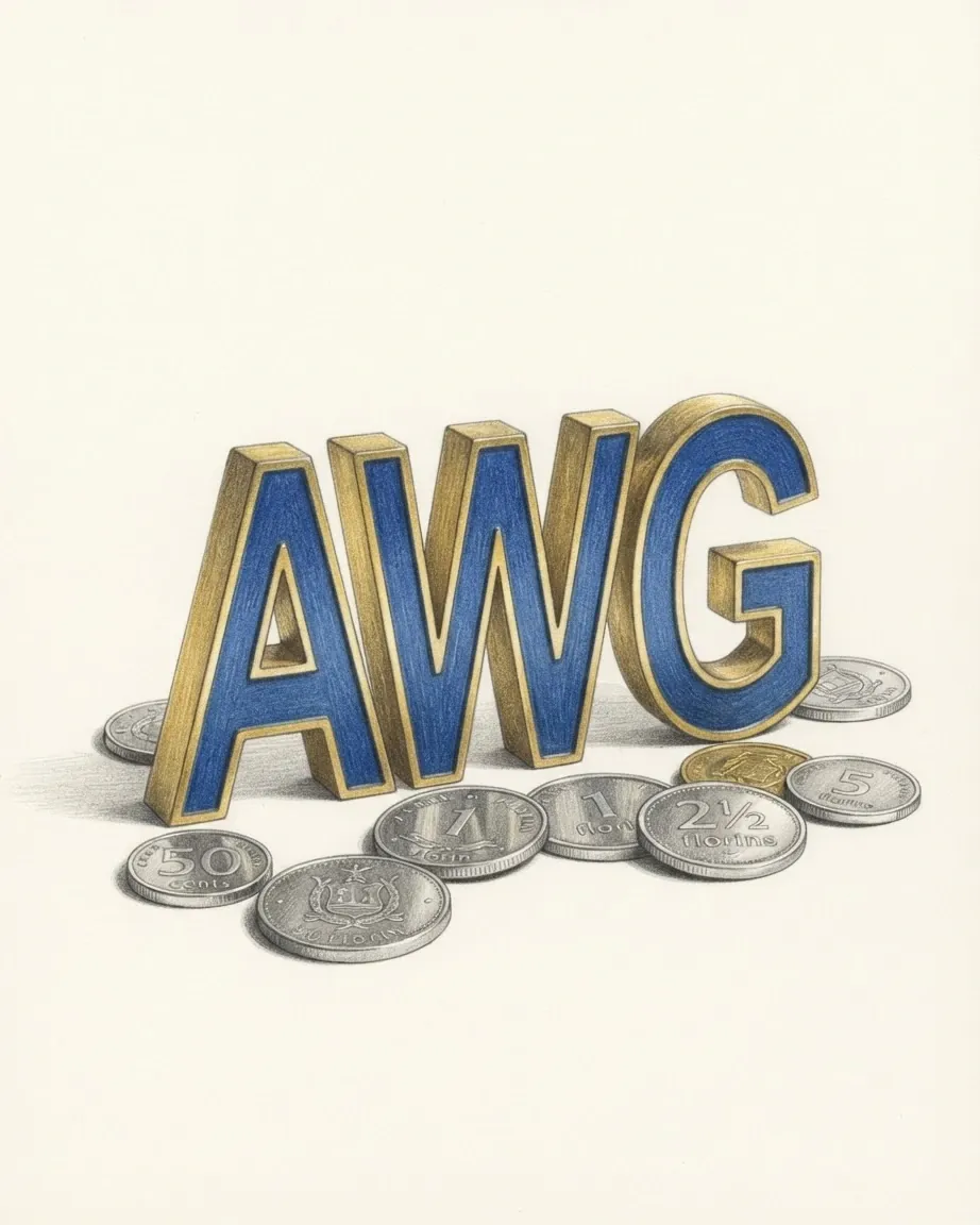 A pencil drawing of the letters AWG as solid blocks with blue faces and gold edges, standing among coins of the Aruban florin.