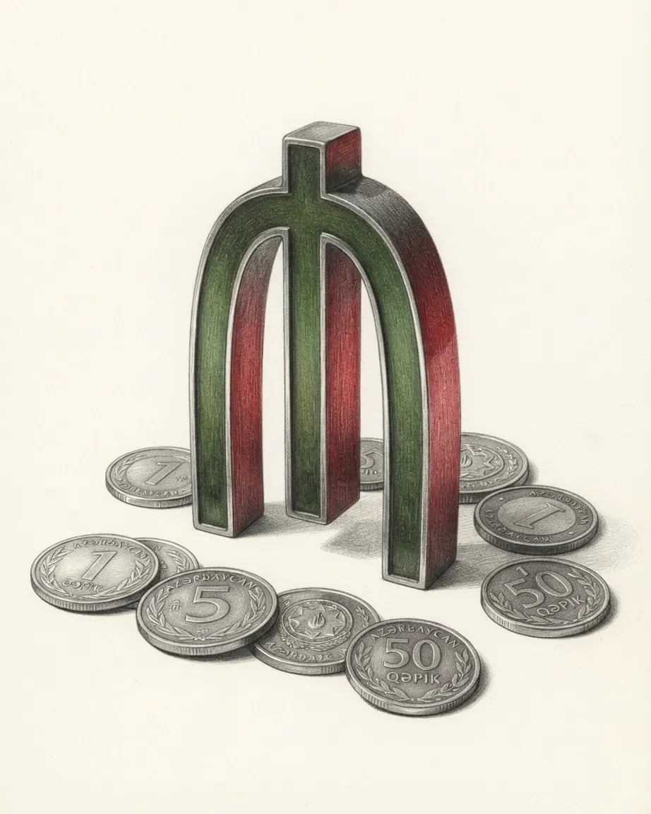 A pencil drawing of the manat sign ₼ as a solid arch crossed by an upright stroke, green on one side and red on the other, standing among coins of the Azerbaijani manat.