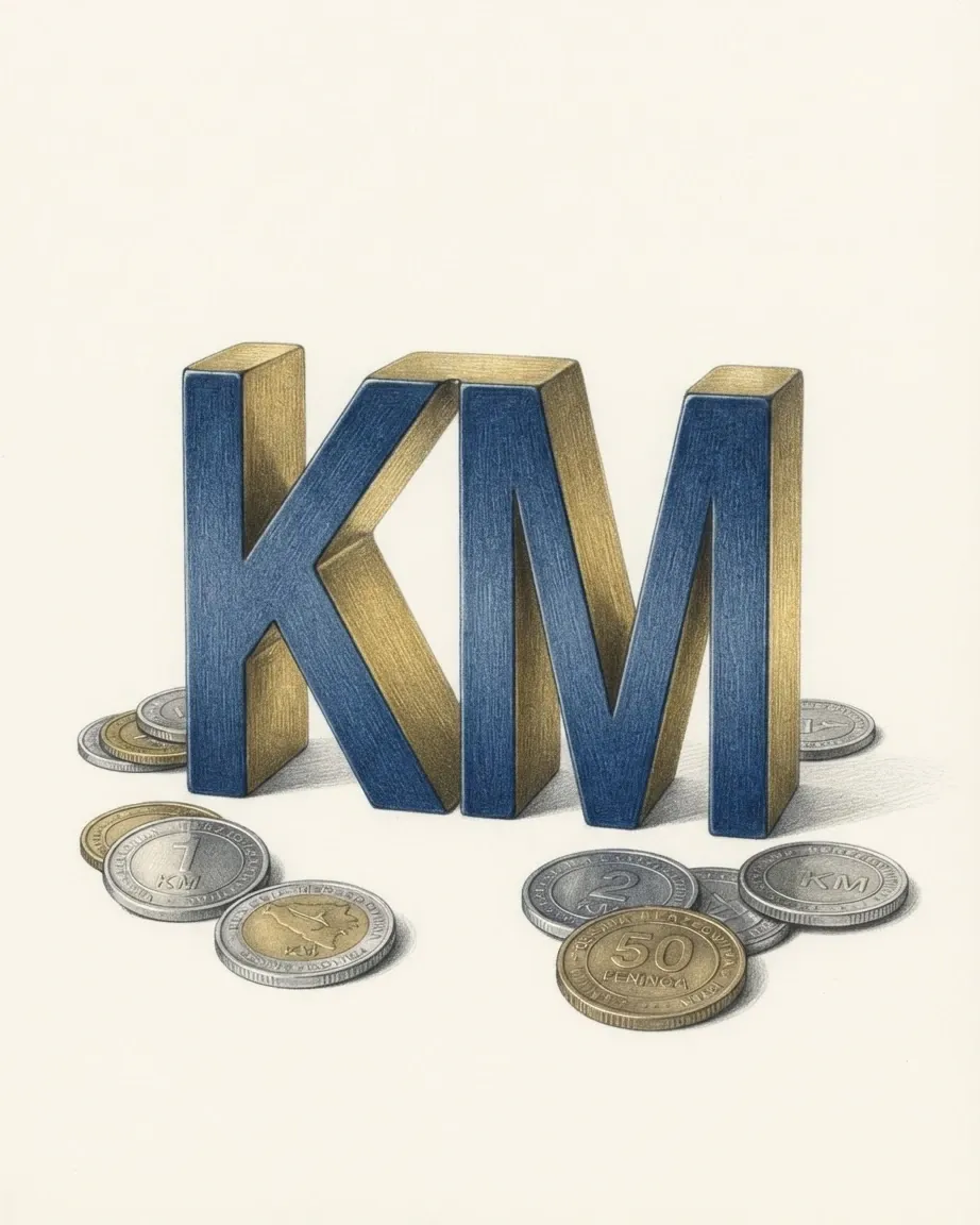 A pencil drawing of the letters KM as solid blocks with blue faces and gold edges, standing among coins of the Bosnia-Herzegovina Convertible mark.