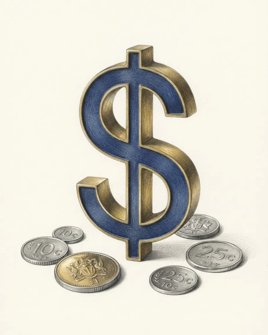 A pencil drawing of the dollar sign $ as a solid object with a blue face and gold edges, standing among coins of the Barbadian dollar.