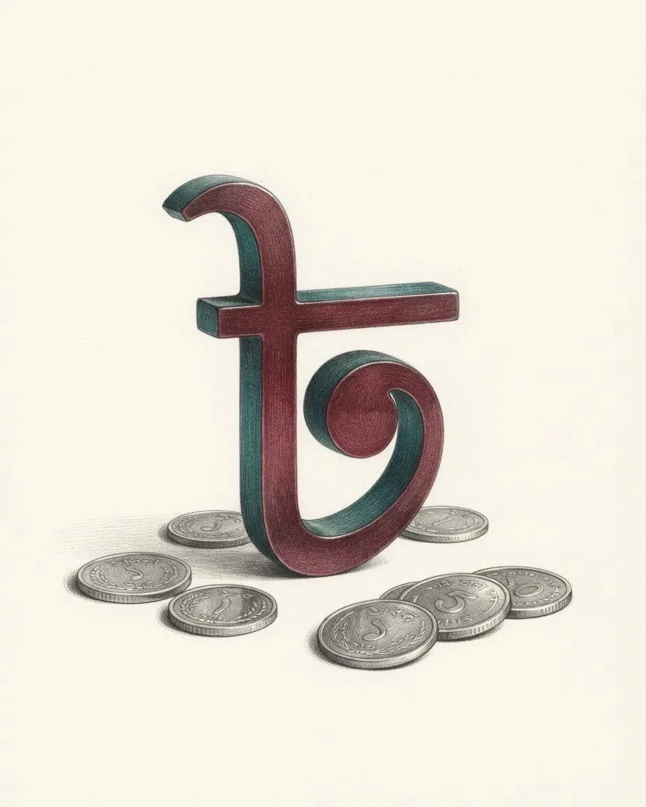 A pencil drawing of the taka sign ৳ as a solid object with a red face and green sides, standing among coins of the Bangladeshi taka.