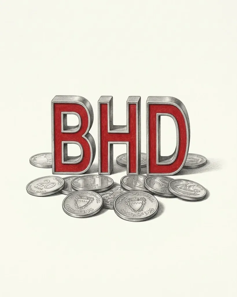 A pencil drawing of the letters BHD as solid blocks, their faces red and their sides graphite, standing among Bahraini fils coins, some showing a dhow and some the national emblem.