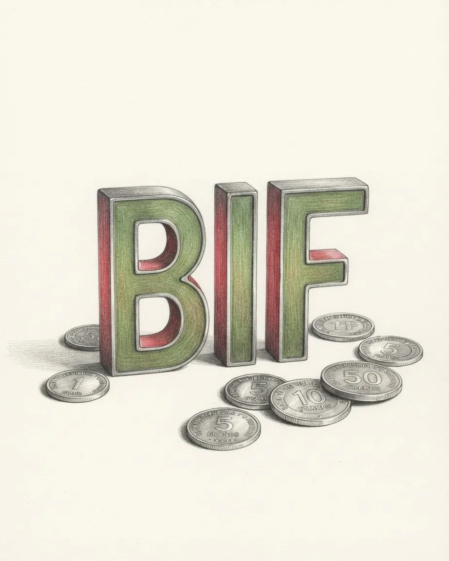 A pencil drawing of the letters BIF as solid blocks with green faces and red sides, standing among coins of the Burundian franc.