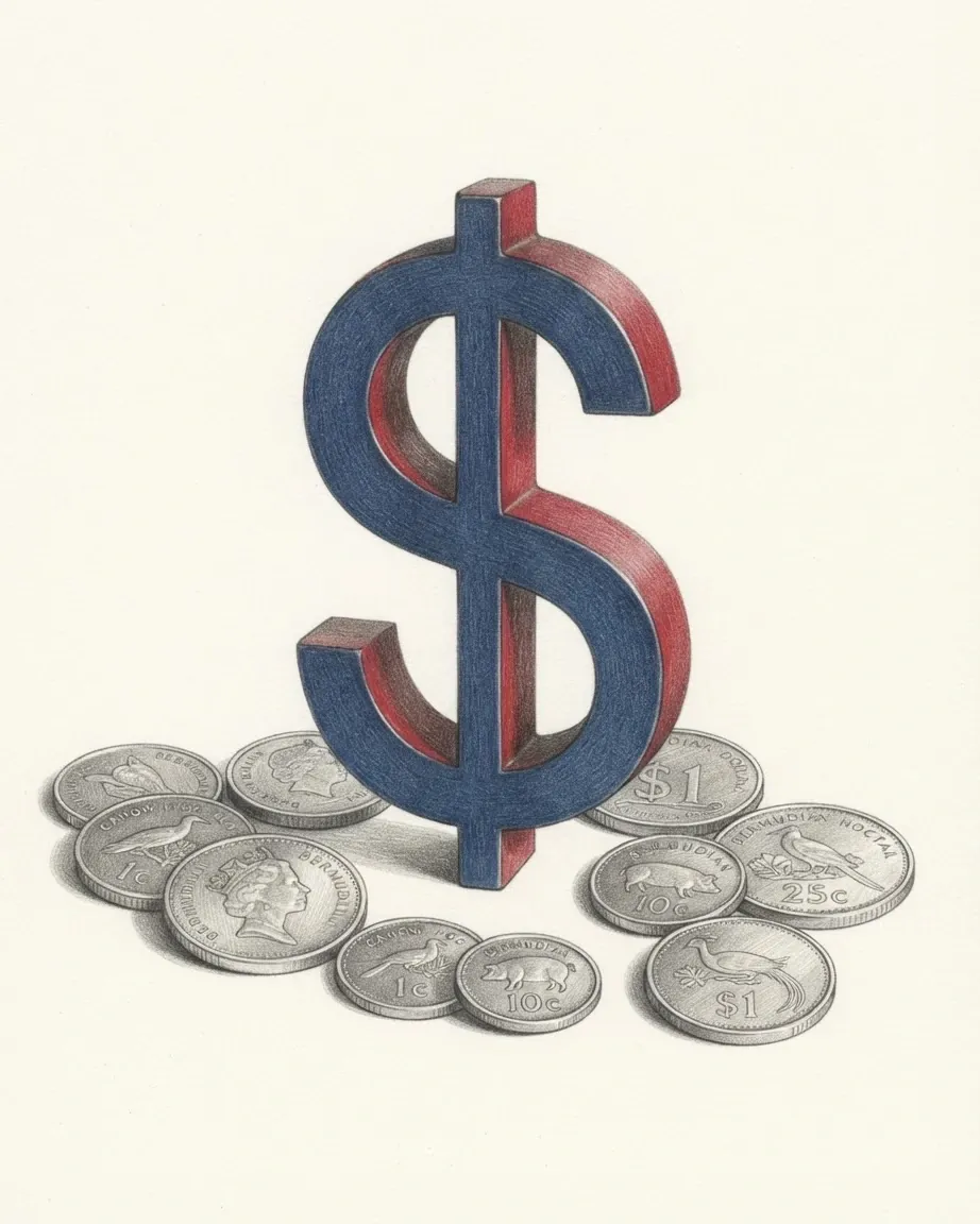 A pencil drawing of the dollar sign $ as a solid object with a blue face and red sides, standing among coins of the Bermudian dollar.