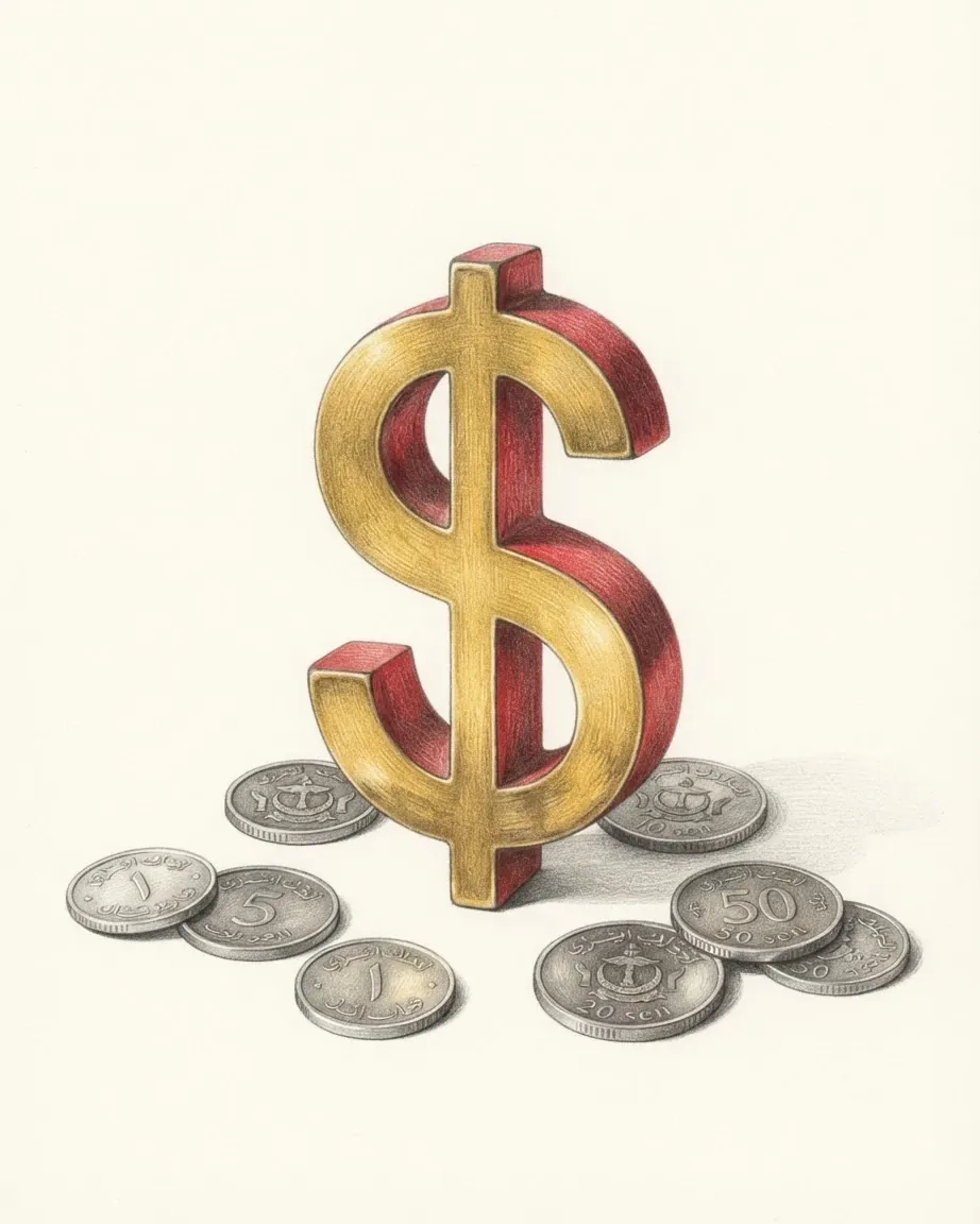 A pencil drawing of the dollar sign $ as a solid object with a gold face and red sides, standing among coins of the Brunei dollar.