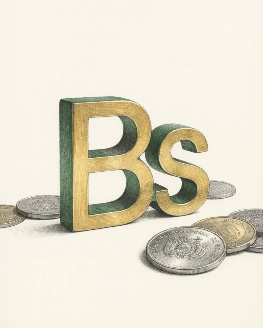 A pencil drawing of the boliviano sign Bs as solid letters with gold faces and green sides, standing among coins of the Bolivian boliviano.