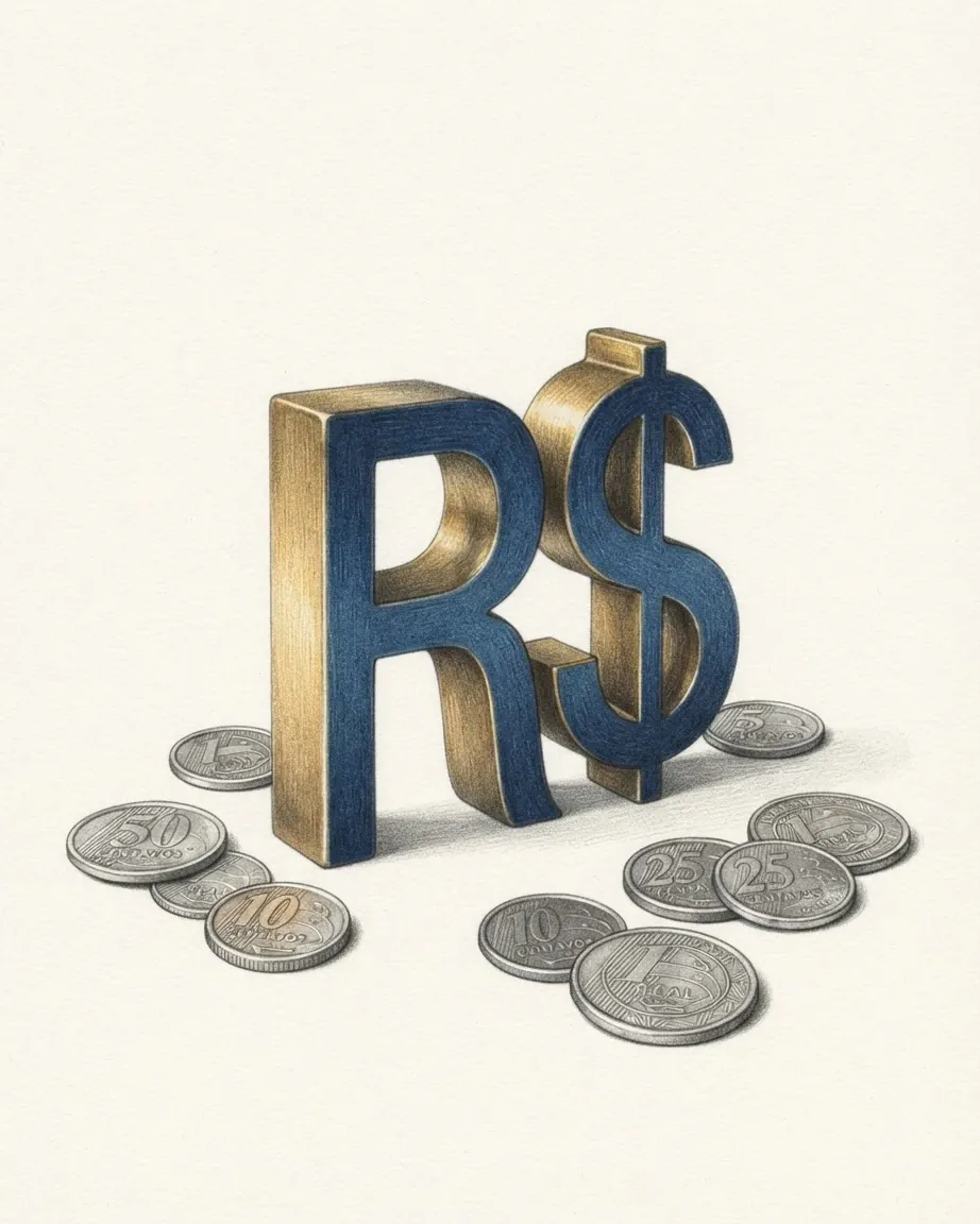 A pencil drawing of the real sign R$ as solid characters with blue faces and gold edges, standing among coins of the Brazilian real.