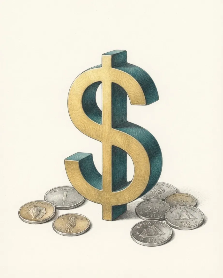 A pencil drawing of the dollar sign $ as a solid object with a gold face and teal sides, standing among coins of the Bahamian dollar.