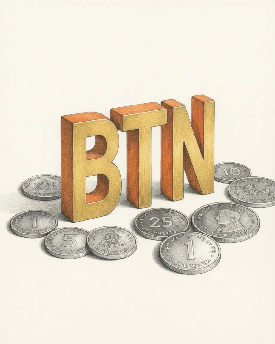 A pencil drawing of the letters BTN as solid blocks in orange and yellow, standing among coins of the Bhutanese ngultrum.