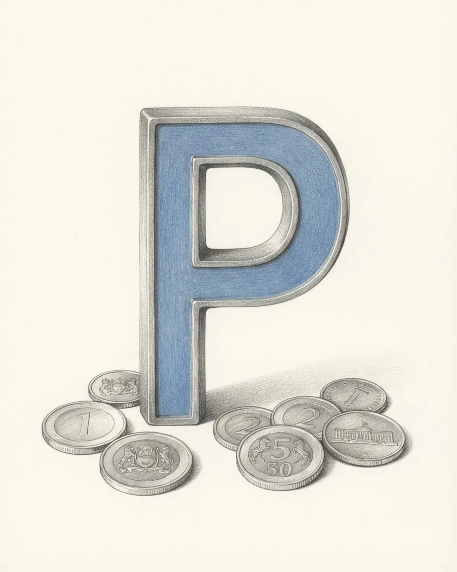 A pencil drawing of the pula sign P as a solid letter with a light blue face, standing among coins of the Botswanan pula.