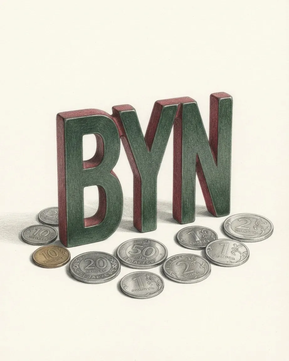 A pencil drawing of the letters BYN as solid blocks with green faces and red sides, standing among coins of the Belarusian rouble.