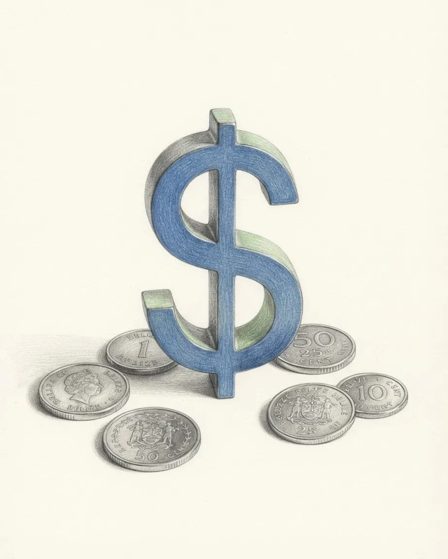 A pencil drawing of the dollar sign $ as a solid object with a blue face and pale green sides, standing among coins of the Belize dollar.