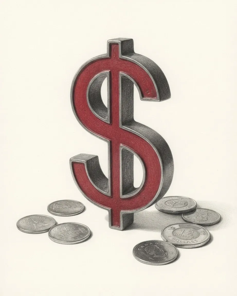 A pencil drawing of the dollar sign $ as a solid object with a red face and graphite sides, standing among coins of the Canadian dollar.