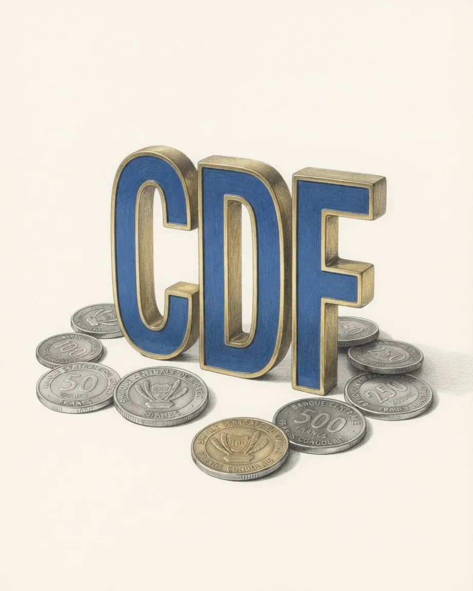 A pencil drawing of the letters CDF as solid blocks with blue faces and gold edges, standing among coins of the Congolese franc.