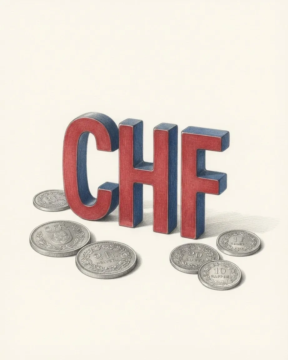 A pencil drawing of the letters CHF as solid blocks with red faces and blue sides, standing among coins of the Swiss franc.