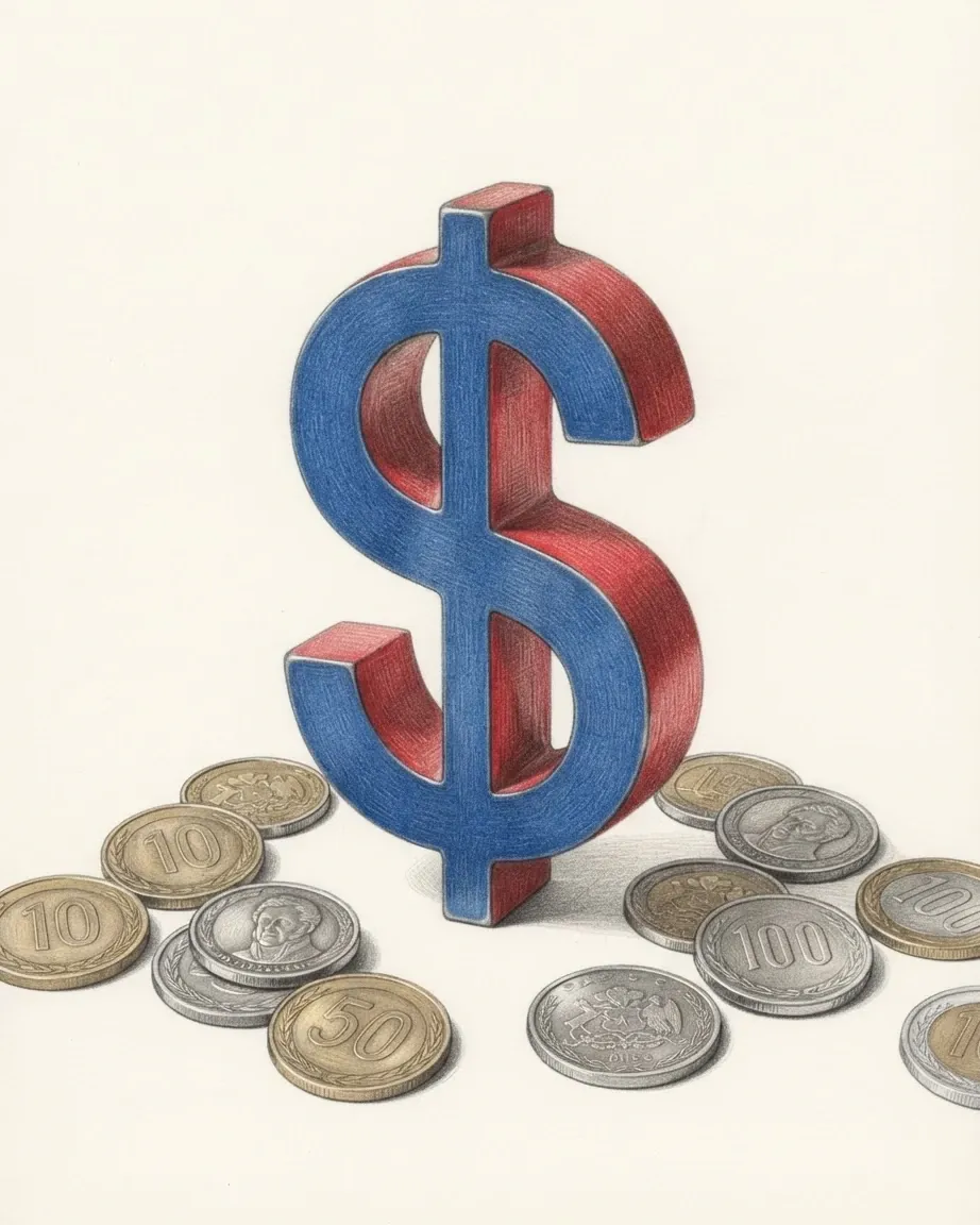 A pencil drawing of the peso sign $ as a solid object with a blue face and red sides, standing among coins of the Chilean peso.
